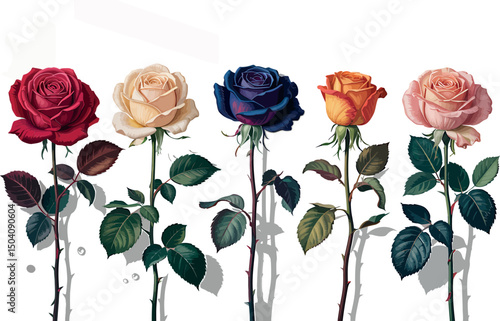 Beautiful watercolor illustration of five colorful roses with long stems