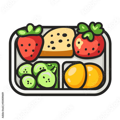 Colorful cartoon lunch tray featuring fresh fruits and cheese in a fun vector design