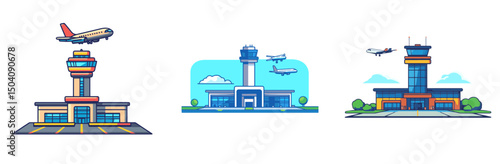 Various cartoon airport buildings with planes flying in the background, showcasing a lively travel atmosphere