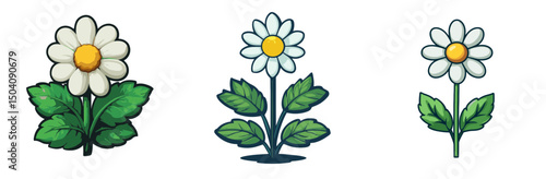Three colorful cartoon daisies with white petals and green leaves in a simple vector design