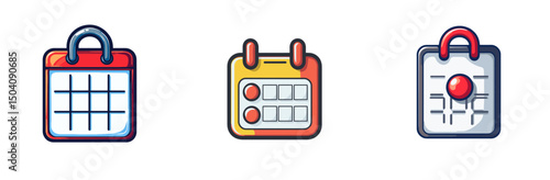Colorful cartoon vector calendar icons representing different scheduling activities on a minimalist background
