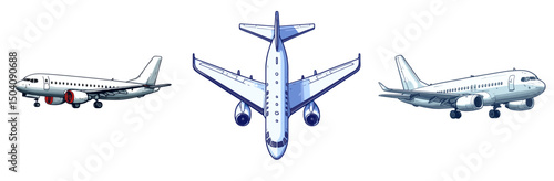 Three cartoon airplanes flying in different orientations showcasing their designs in vibrant colors