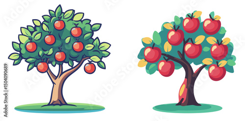 Two colorful cartoon apple trees with ripe fruit in a bright vector style in a sunny outdoor setting