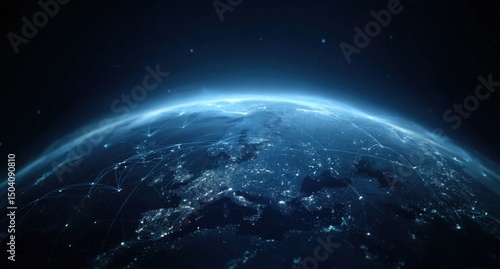 Global Network Connections Illuminated Earth at Night Showing International Data and Communication Pathways