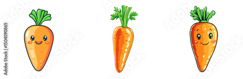 Three cheerful cartoon carrots with smiling faces, showcasing varying expressions and designs in a playful vector art style