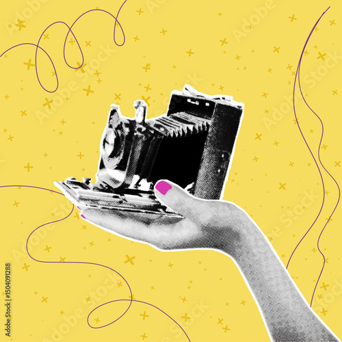 Photo shoot concept, female hand holding vintage photo camera, on isolated yellow background, retro grunge, dotted halftone vector cutout collage