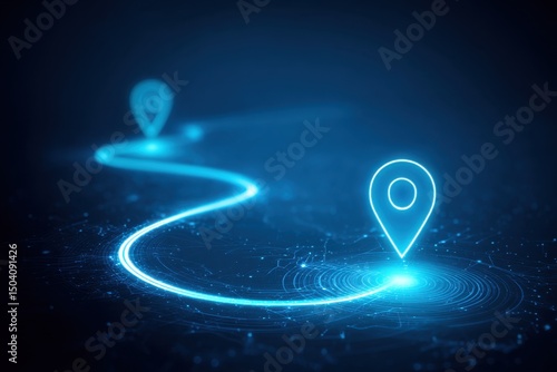 Abstract Glowing Navigation Route with Location Pins, Digital Map, Technology Concept