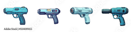 Colorful futuristic cartoon guns arranged in a row showcasing unique designs and vibrant details perfect for a sci-fi graphic