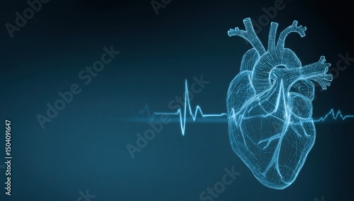 Wireframe Human Heart with EKG Line on Dark Blue Background Medical Technology Concept