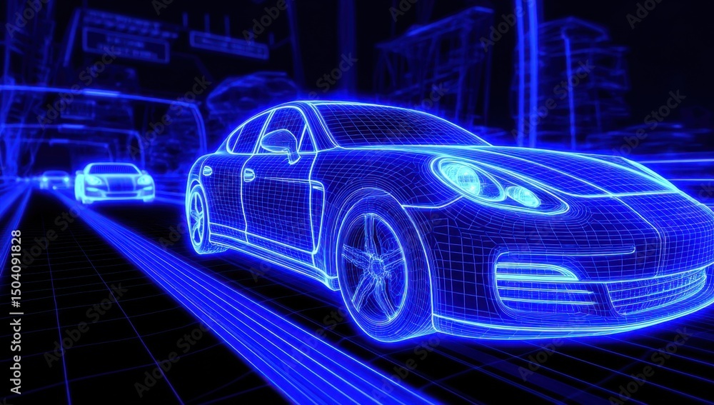 Futuristic Wireframe Car Driving on a Grid Road at Night Futuristic Wireframe Car Driving on a Grid Road at Night