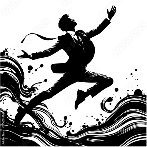 Dramatic black and white silhouette of a secret agent in action with abstract fluid elements. Espionage and mystery concept