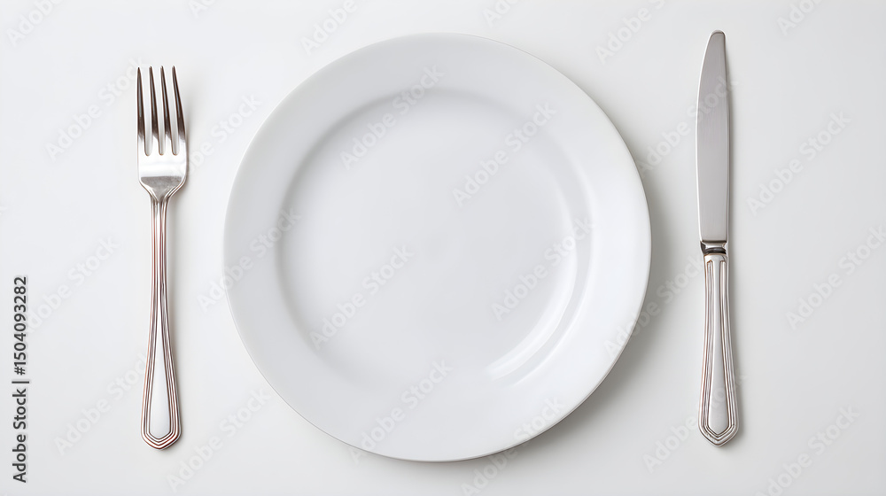 Empty White Plate with Fork and Knife Empty White Plate with Fork and Knife