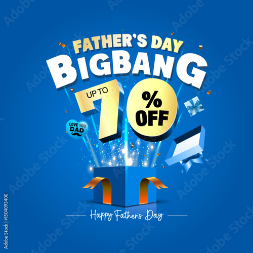 Happy Father's Day: Fathers Day Bigbang 70% off, discount, deal offer, and sale promotion concept design with gift box.