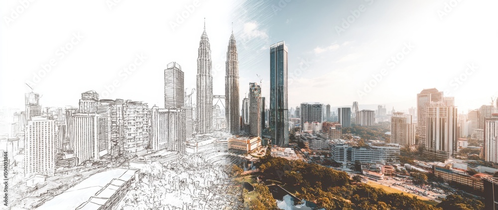 Fototapeta premium Kuala Lumpur Skyline A Blend of Architectural Sketch and Modern Cityscape