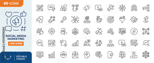 Digital media marketing line editable icon set. Containing Data analytics, SEO, ads, business, and more. Editable Stroke. Vector illustration.