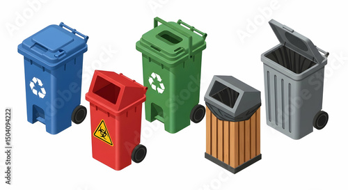 Isometric Illustration of Diverse Wheeled Recycling and Waste Bins
