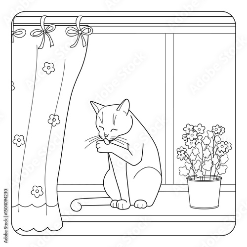 Cute line art illustration of cat sitting on windowsill and licking its paw. Coloring page for kids and adults. Black and white vector with curtain potted flower and window.