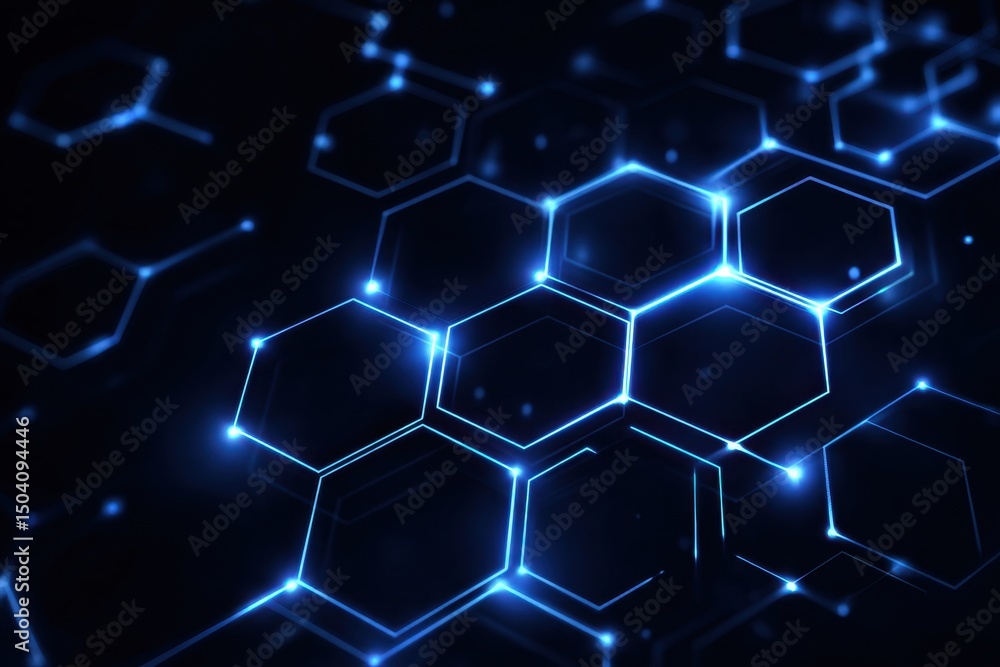 Abstract Blue Hexagon Network Glowing Lines and Nodes in Dark Background Abstract Blue Hexagon Network Glowing Lines and Nodes in Dark Background
