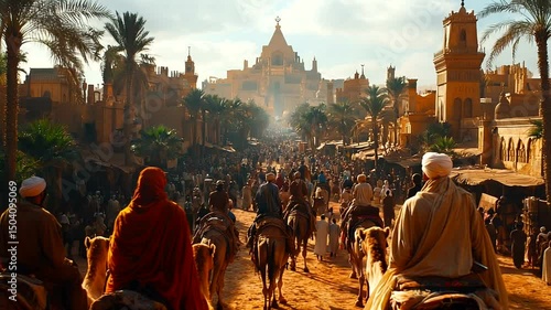 Desert marketplace scene with people on camels