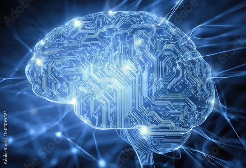 Abstract Digital Brain Circuitry Glowing Blue Neural Network and Connections