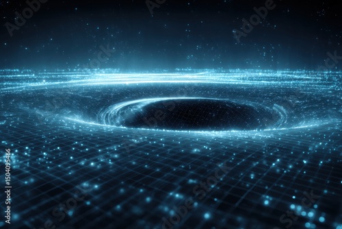 Abstract Digital Vortex Glowing Blue Grid and Particles in Dark Space