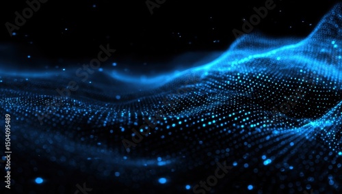 Abstract Blue Particle Wave Background, Digital Technology, Dark Blue Glowing Dots