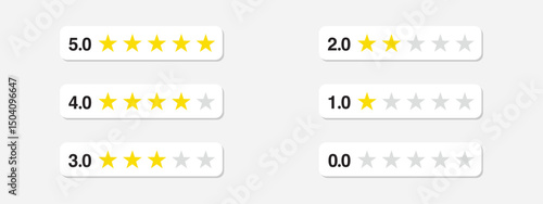 Customer rating icon set. Five stars customer product rate review flat icon. Customer review with 0-5 yellow stars. Service satisfaction, quality, good rate vector illustration