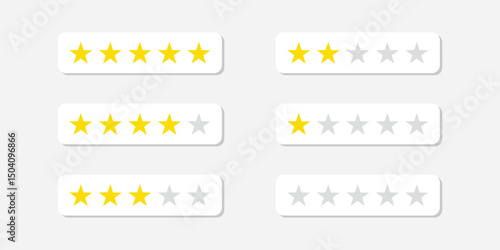Customer rating icon set. Five stars customer product rate review flat icon. Customer review with 0-5 yellow stars. Service satisfaction, quality, good rate vector illustration