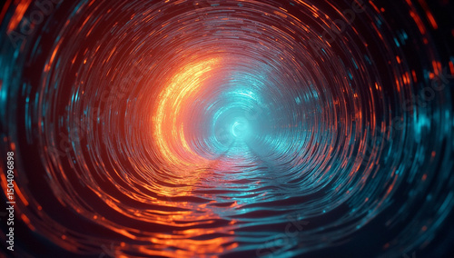 Abstract Portal Sci fi Tunnel with Glowing Lights and Water Reflection Modern Futuristic Design Digital Art Vibrant