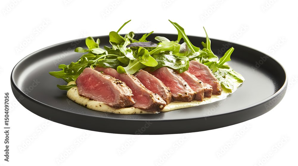 Seared Lamb with Arugula Salad Restaurant Recipe isolated on transparent background Seared Lamb with Arugula Salad Restaurant Recipe isolated on transparent background
