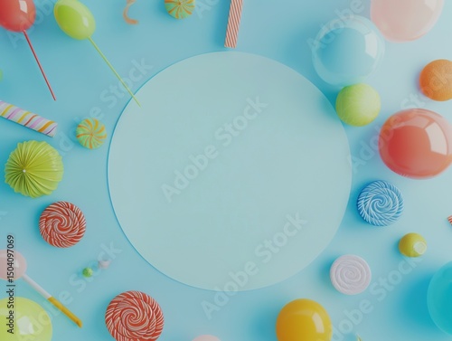 Bright and cheerful blue party background with balloons, streamers, and candy decorating the border, featuring an empty central circle for text and extra space for design on the side.