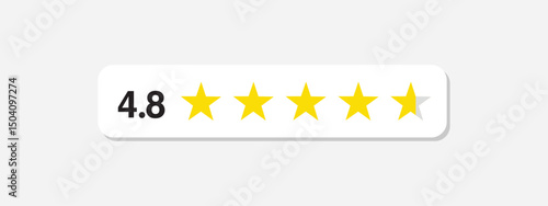 Five stars rate icon. 4,8 stars customer product rating review flat icon. Customer review with five yellow stars. Service satisfaction, quality, good rate vector illustration