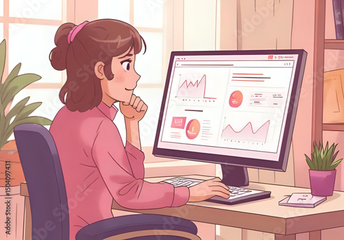 Animated Girl Analyzing Data on Desktop Computer Screen in Bright Home Office, Vector Illustration for Data Analysis and Business Reports - anime art style