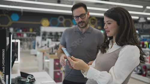 Smiling shop assistant helping a pregnant customer choose smart electronic gadgets while showcasing various products in a vibrant electronics store