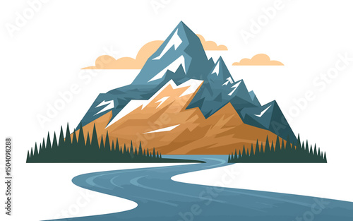 Vector illustration of mountain landscape with river and conifer forest