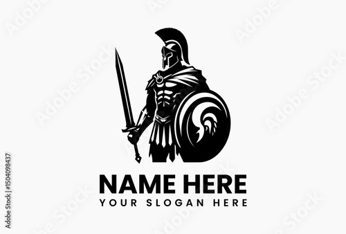 Powerful vector logo silhouette of a Spartan warrior in full armor holding a sword and shield. Ancient history and military concept