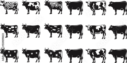 Black and white vector set of different cow breeds silhouettes