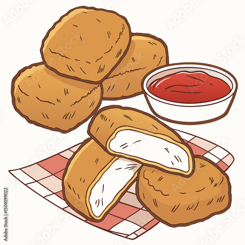 Realistic vector artwork of crispy chicken nuggets, perfect for food design, packaging, or culinary illustrations.