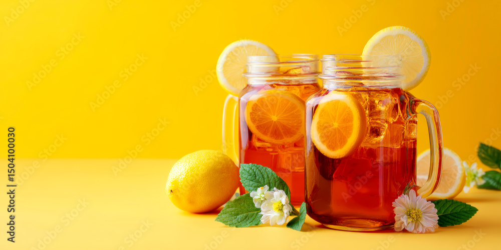 Mason jars filled with cold black tea and lemon set on a bright backdrop Mason jars filled with cold black tea and lemon set on a bright backdrop