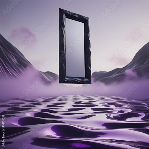 Open the blue door to a fantasy landscape where the sea meets the sky at sunset, framed by clouds in a 3d illustration of nature's art