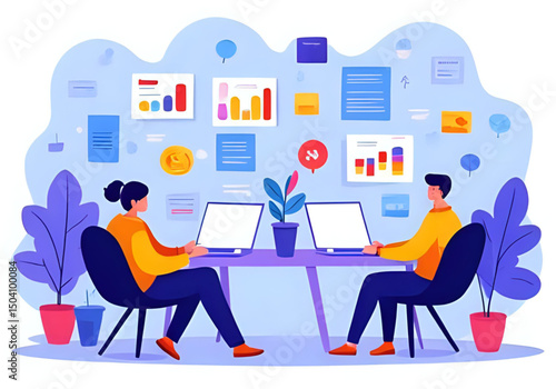 Flat Vector Illustration: Digital Marketing Team Collaboration in Modern Office with Data and Social Media.