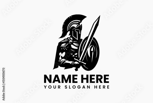 Mighty Spartan warrior silhouette in full battle armor wielding sword and shield vector logo. Ancient military emblem  