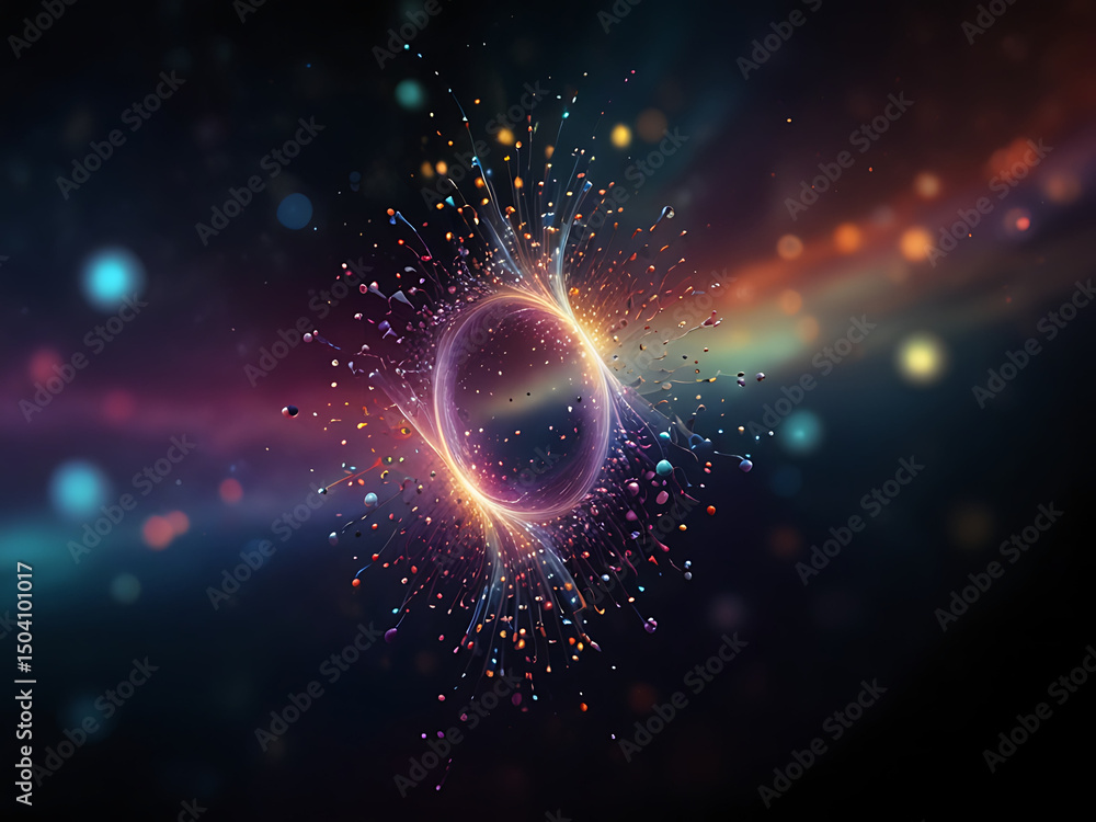 Fototapeta premium A glowing, abstract particle ring radiates energy in a vibrant, cosmic digital artwork set against a dark background.