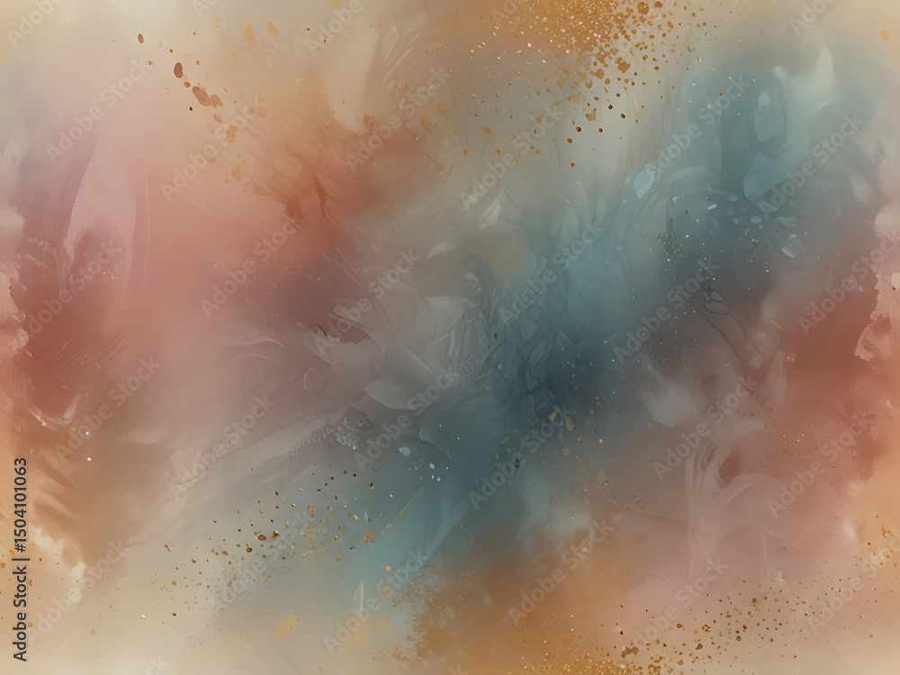 Fototapeta premium Abstract watercolor artwork featuring soft blends of blue, orange, and beige with delicate gold splatter accents.