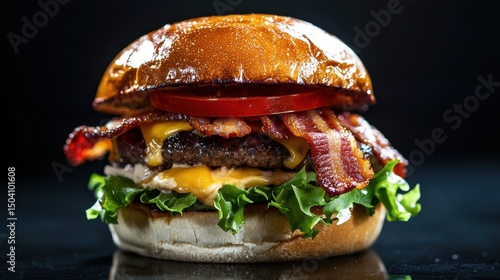 Indulge in a juicy black cheeseburger layered with crispy bacon, fresh lettuce, and ripe tomatoes, perfectly presented against a dark background