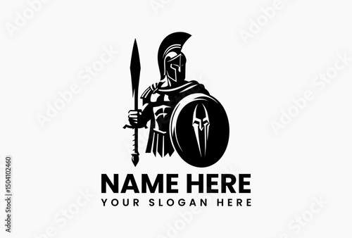 Mighty Spartan warrior silhouette in full battle armor wielding sword and shield vector logo. Ancient military emblem  