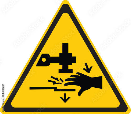 crushing hazard warning sign showing hand injury risk from mechanical press in industrial environment