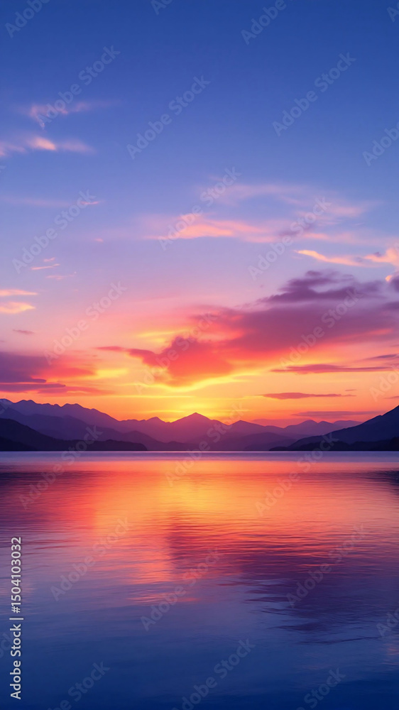 Fototapeta premium Sunset over calm lake with vibrant clouds and reflections.