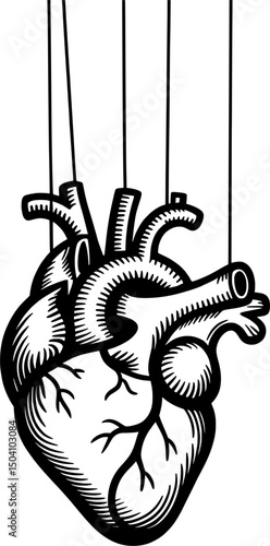 Silhouette of human heart hanging from puppet strings in bold black ink, expressing emotional control, vulnerability, and manipulation on a stark white background