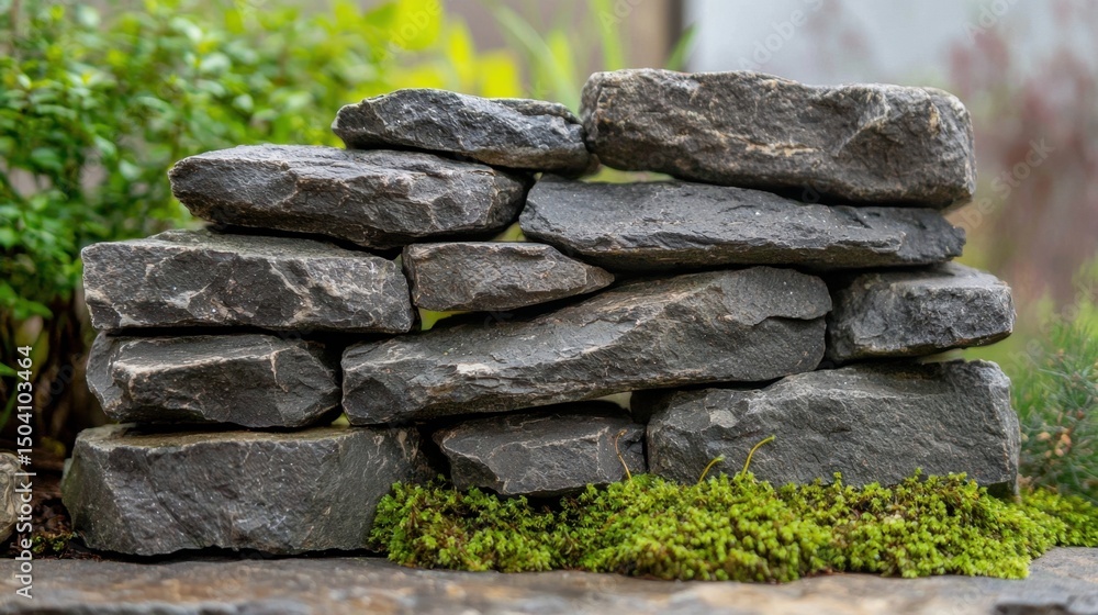 Stacked stones arranged aesthetically with green moss in a serene garden setting during daylight Stacked stones arranged aesthetically with green moss in a serene garden setting during daylight